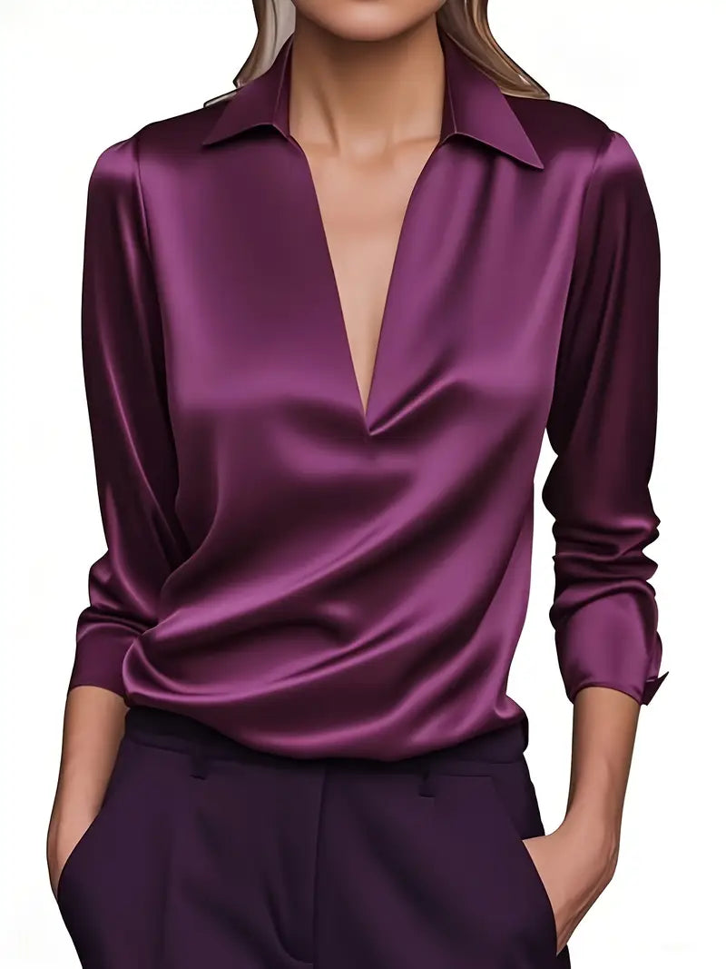 Draped neck long sleeve blouse in dark purple