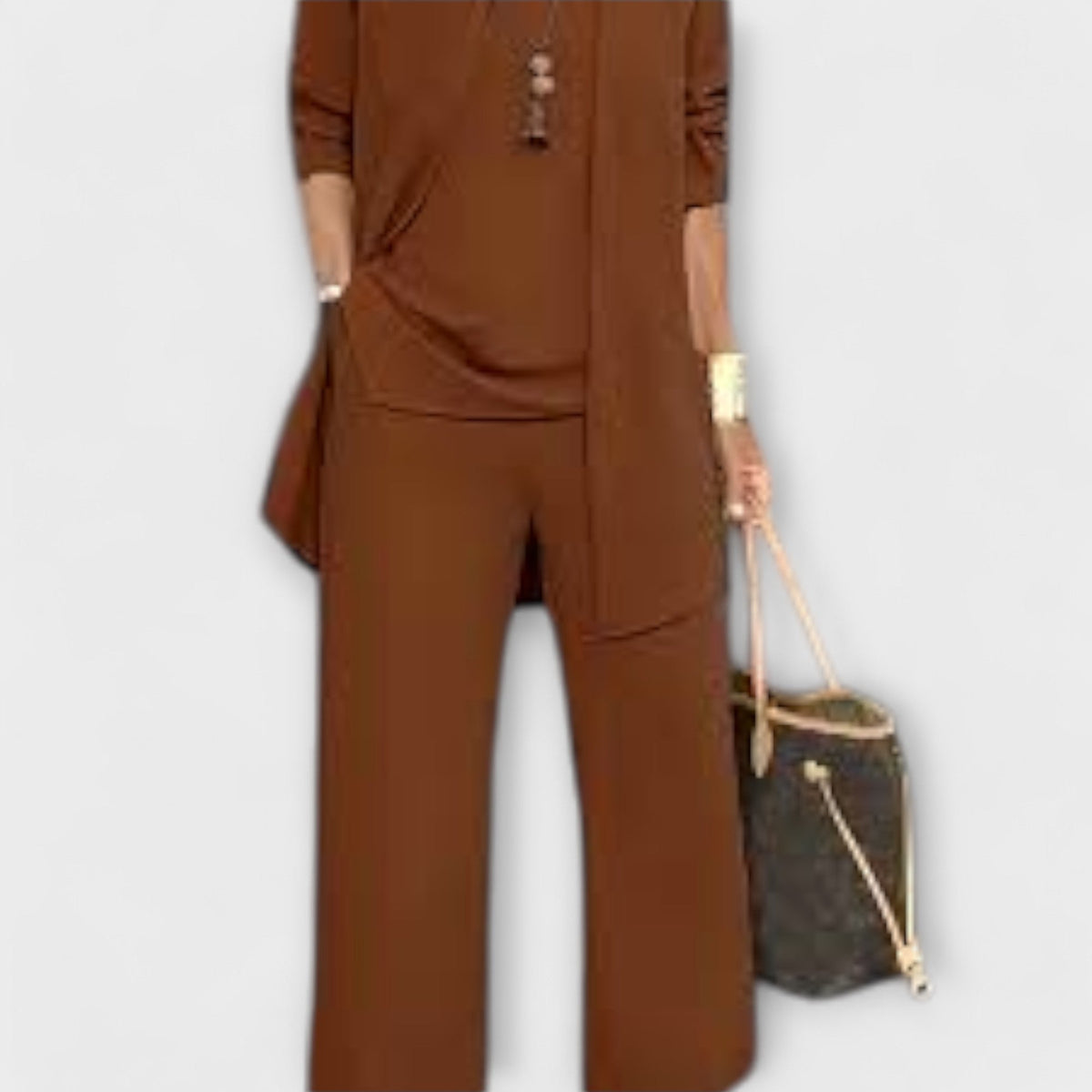 Three-piece top and wide-leg pants set in dark brown