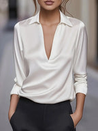 Draped neck long sleeve blouse in white