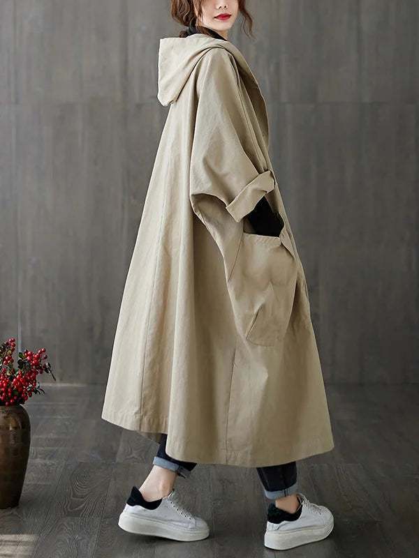 Women's long hooded trench coat in beige