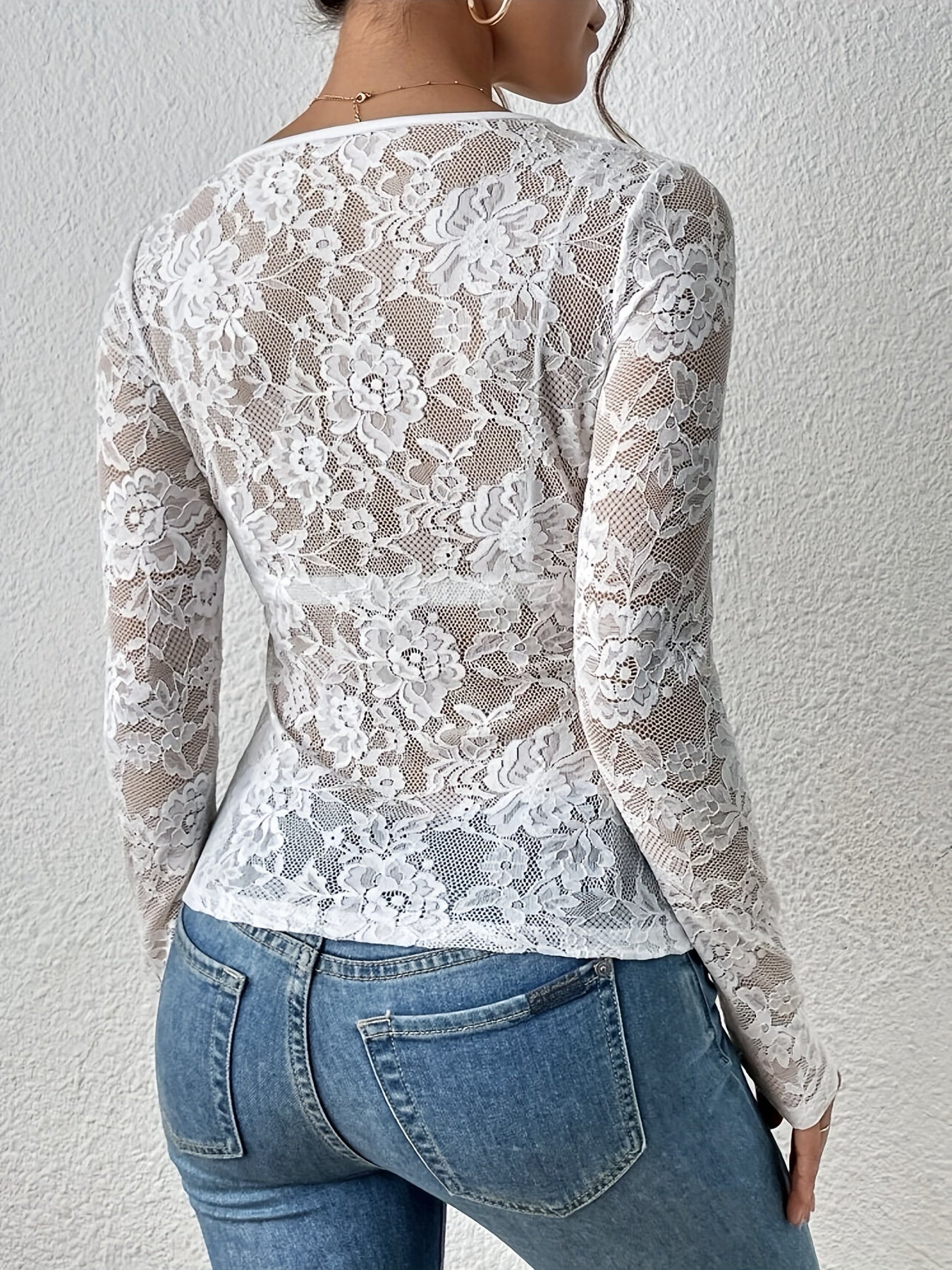 Women's Floral Lace Top V-Neck Long Sleeve