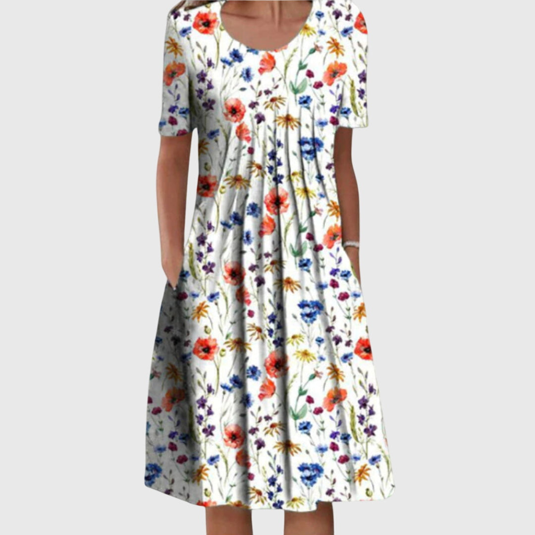 Elegant round neck layered printed dress in red floral print