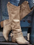 Women's elegant knee high buckle strap boots with side zip