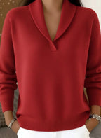 Shawl collar V-neck knit sweater in red