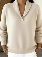 Shawl collar V-neck knit sweater in cream