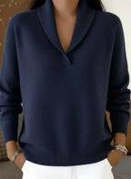 Shawl collar V-neck knit sweater in blue