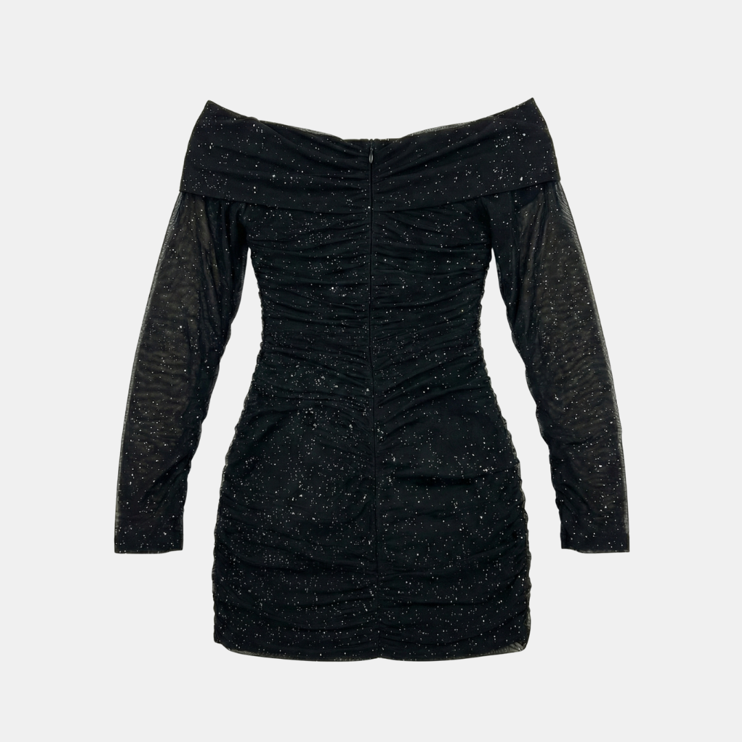 Off Shoulder Glitter Mesh Mini Dress