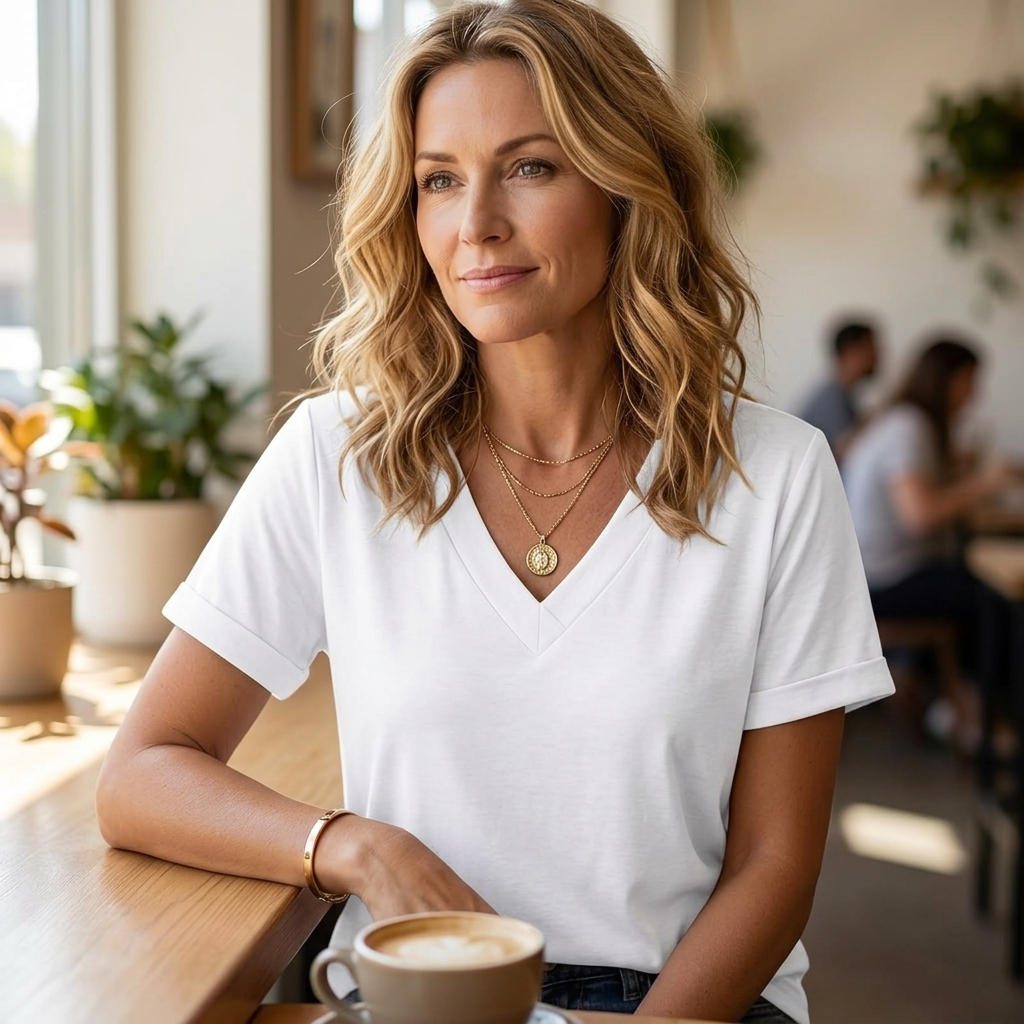 Casual V neck tee with rolled cuffs