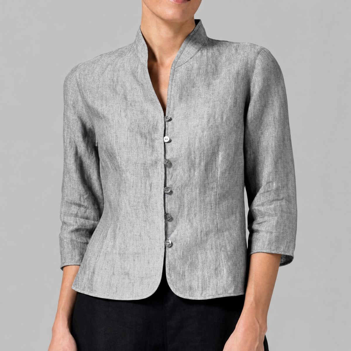 Women's stand collar button front blouse with three quarter sleeves in grey