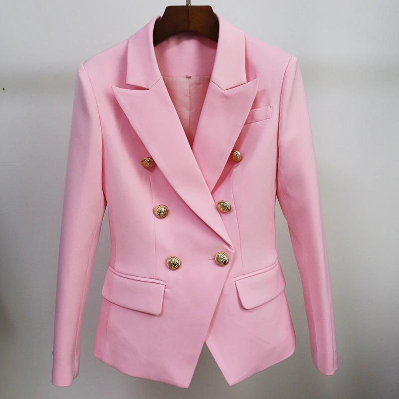Tailored double breasted gold button blazer in baby pink