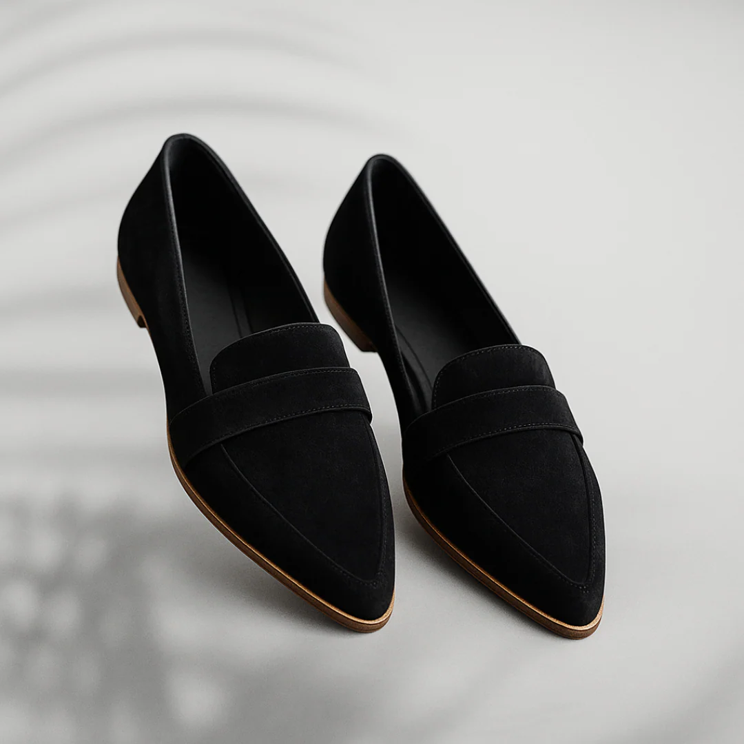 Women's pointed toe penny loafers with cushioned footbed in black