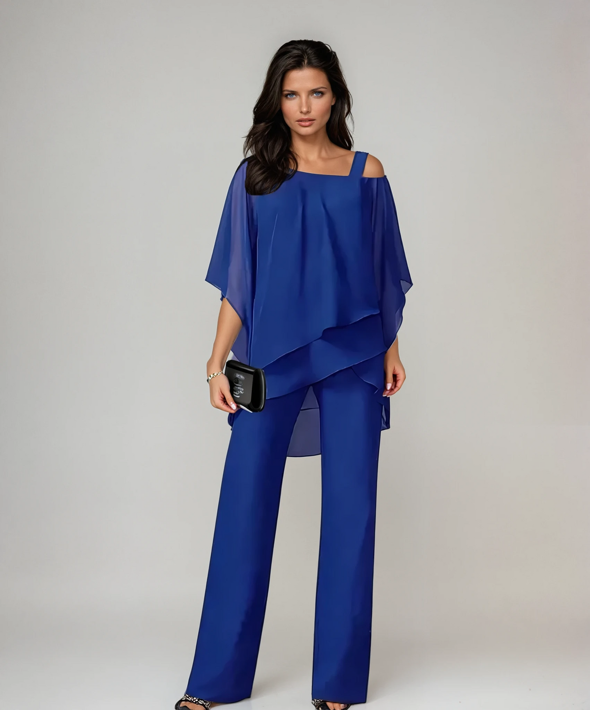 Two-piece layered top and wide-leg pants set in blue