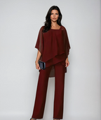 Two-piece layered top and wide-leg pants set in red