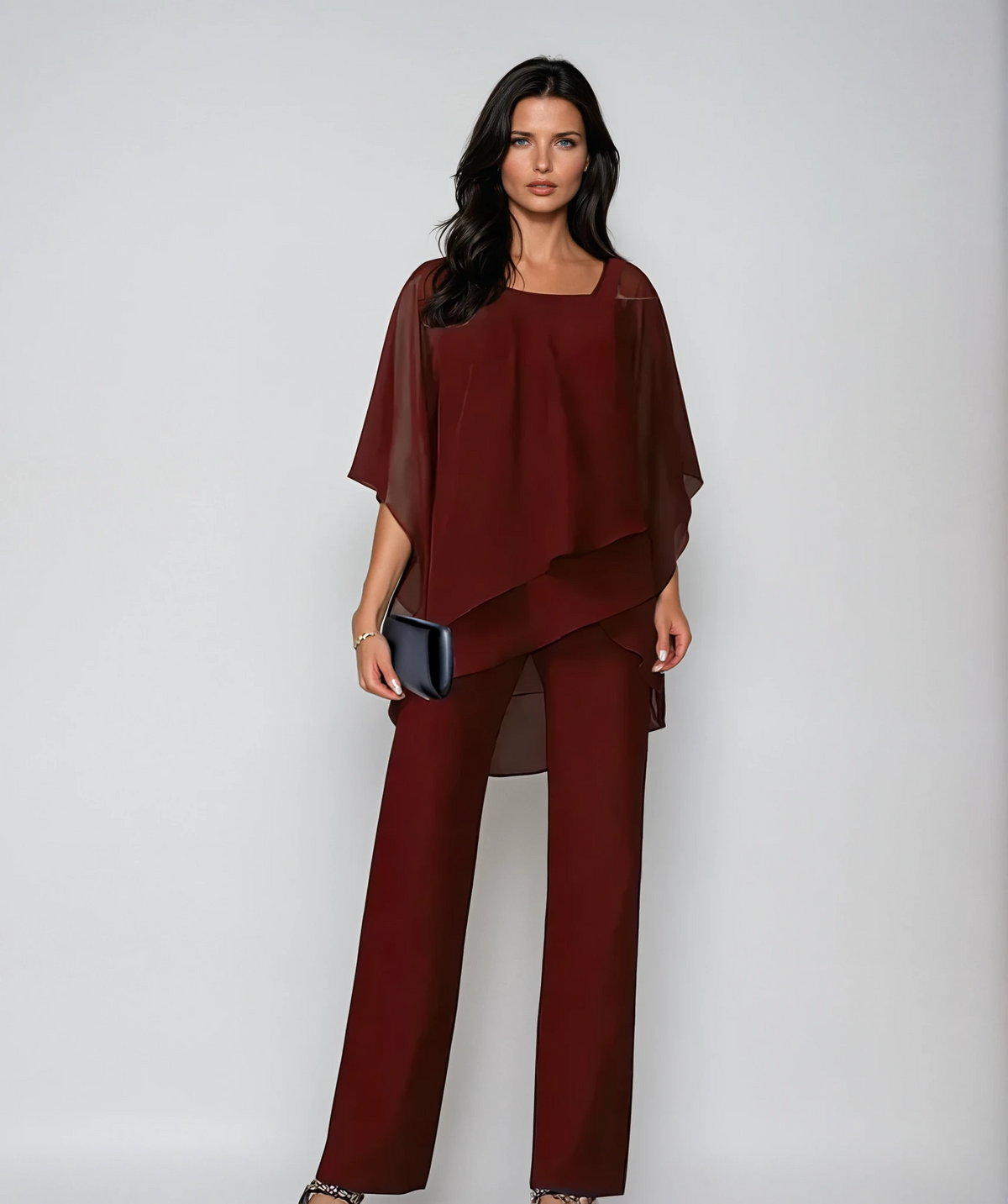 Two-piece layered top and wide-leg pants set in red