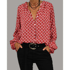 Women's V-Neck Printed Blouse Long Sleeve