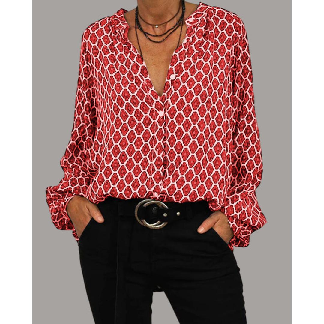 Women's V-Neck Printed Blouse Long Sleeve