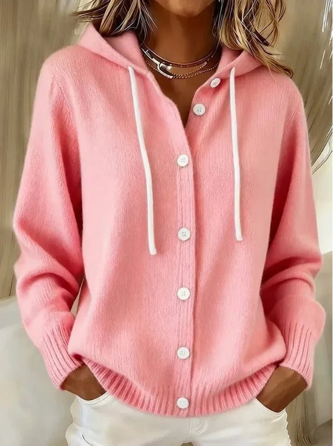 Hooded long sleeve knit cardigan with drawstring in pink