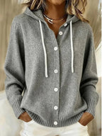 Hooded long sleeve knit cardigan with drawstring in grey
