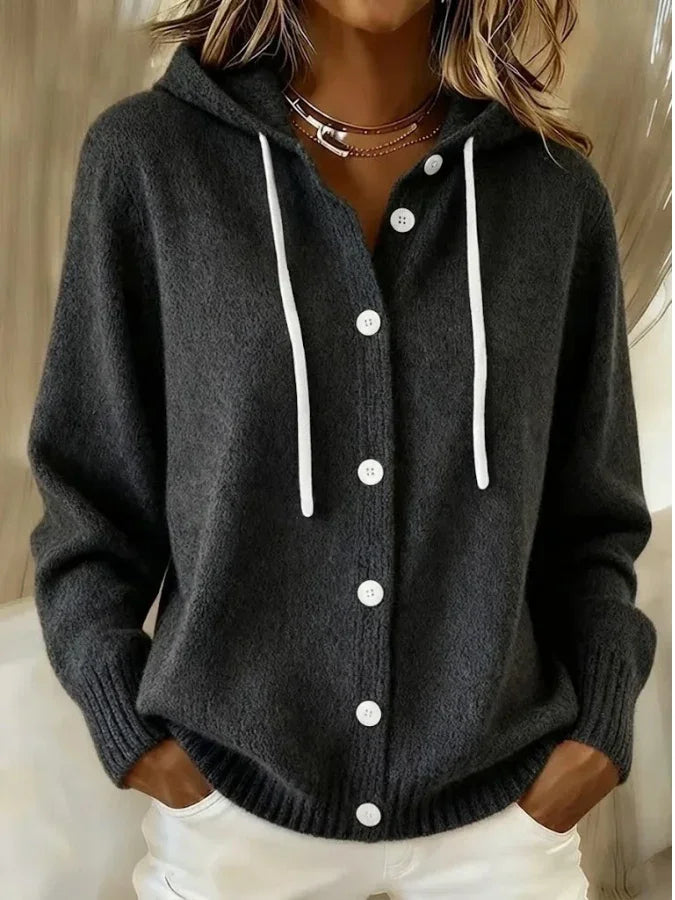 Hooded long sleeve knit cardigan with drawstring in black