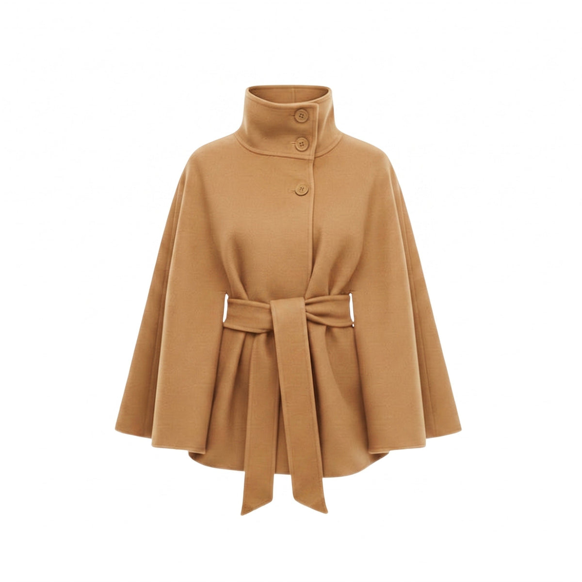 Belted cape coat with stand collar and batwing sleeves in khaki