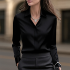 Women's long sleeve collared button front satin blouse in black