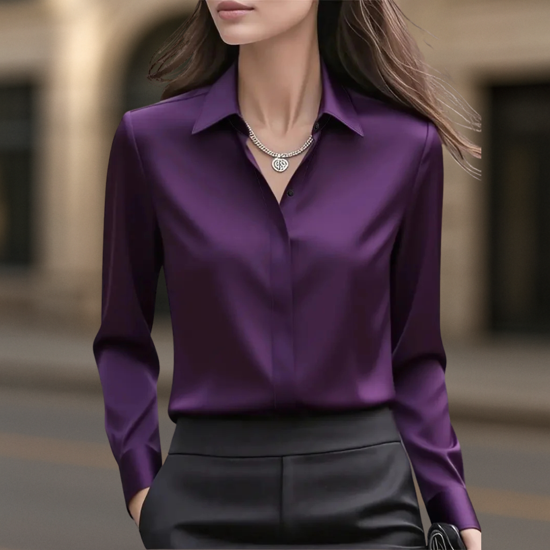 Women's long sleeve collared button front satin blouse in plum