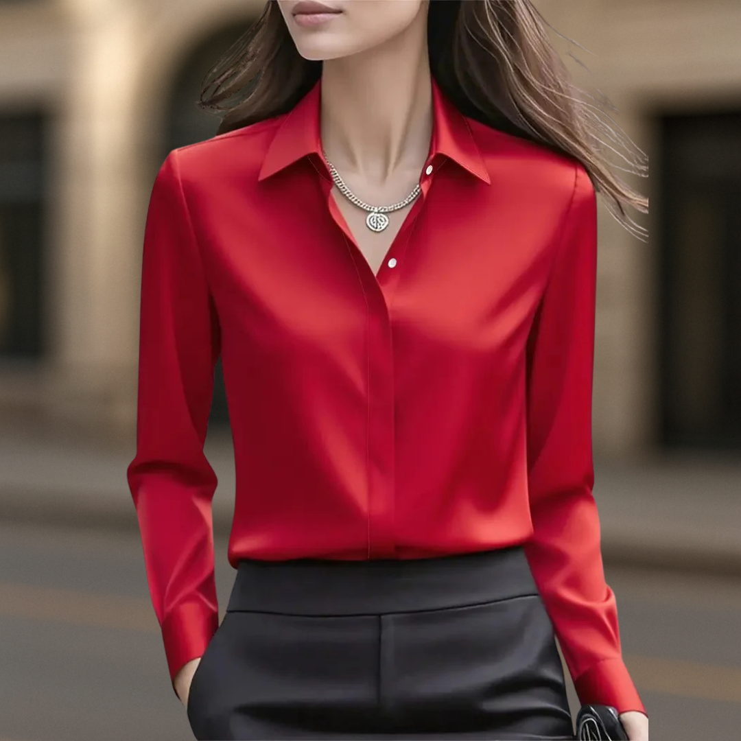 Women's collared satin button front blouse in red