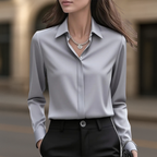 Women's long sleeve collared button front satin blouse in metallic grey