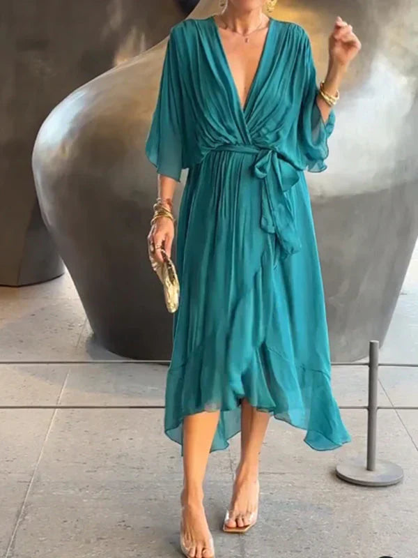 Women's Silk V-Neck Flowing Dress
