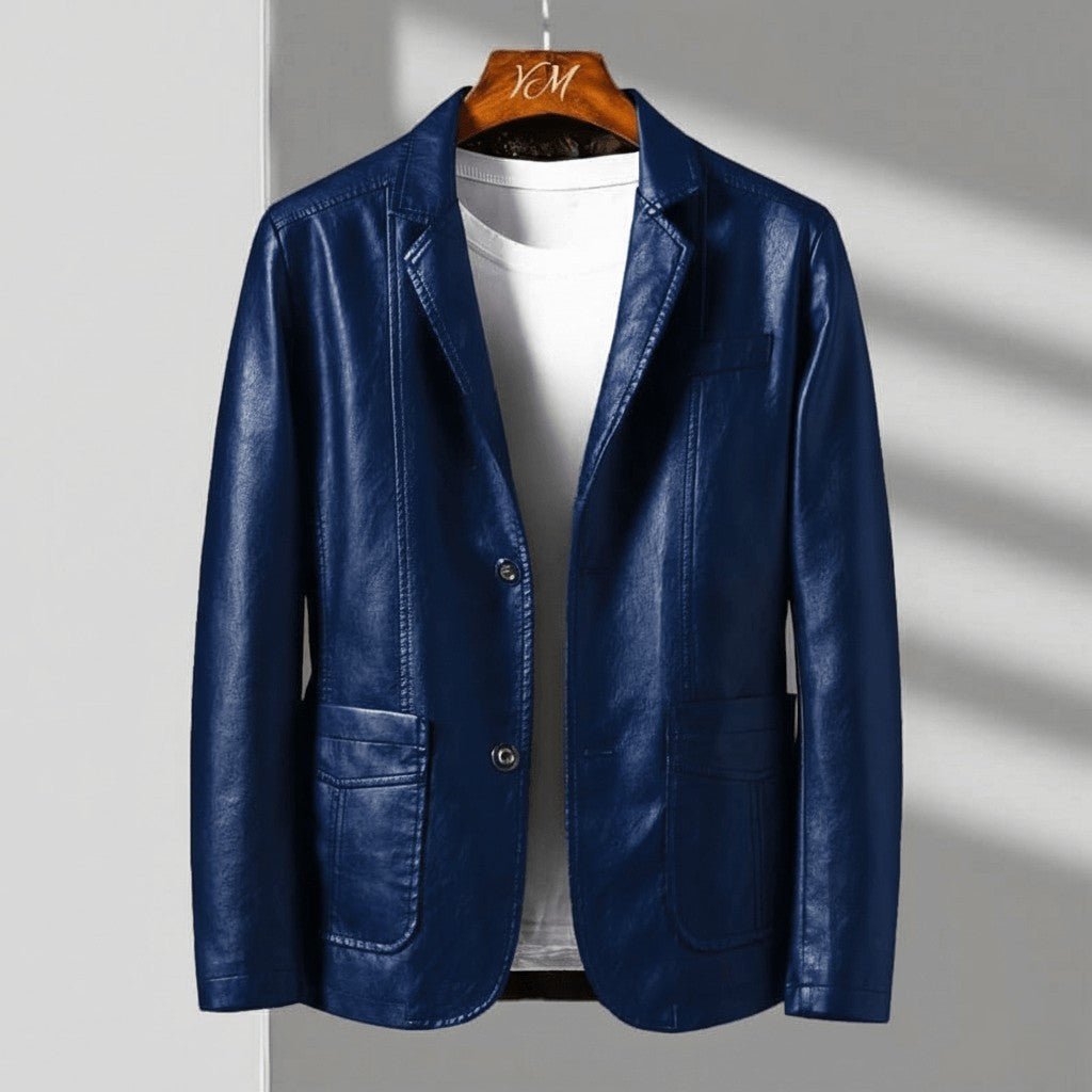 Men's classic tailored leather jacket in royal blue