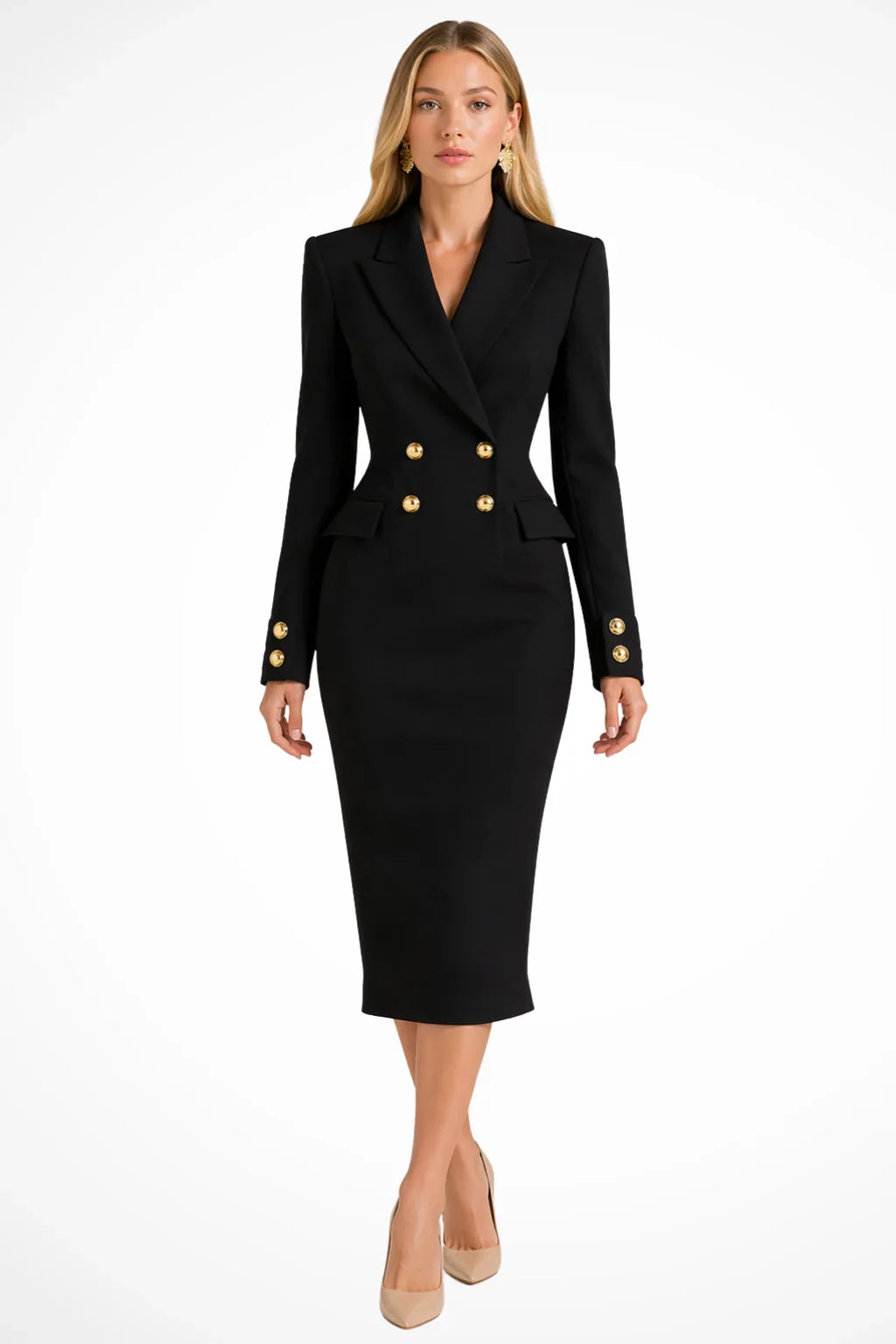 Women's elegant double breasted blazer midi dress for occasions in black