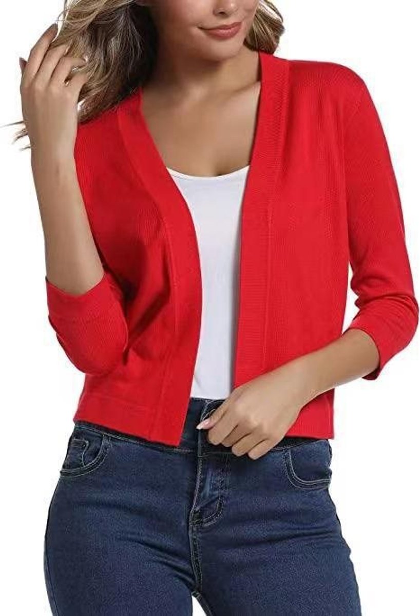 Open front cropped cardigan sweater in china red