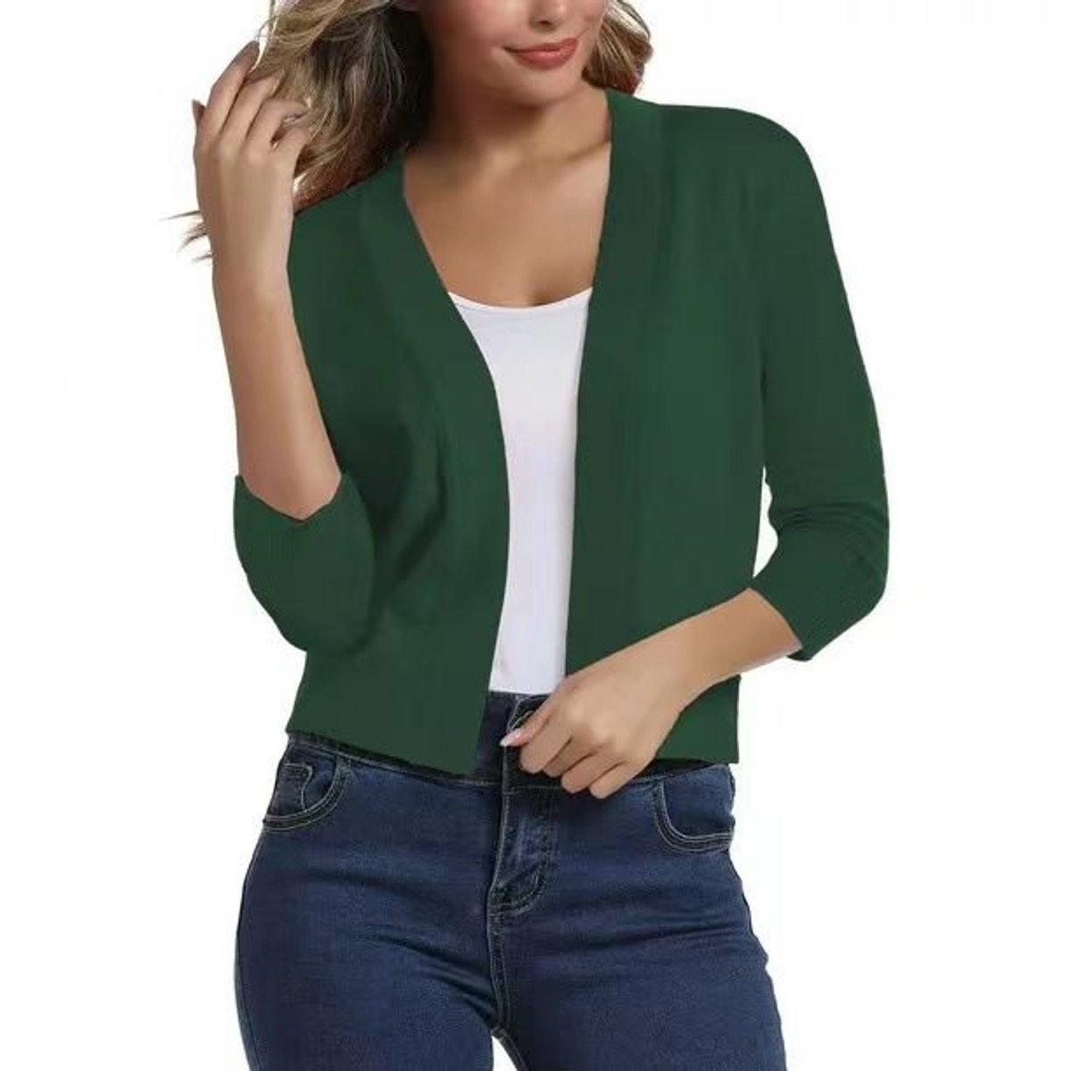 Open front cropped cardigan sweater in forest green