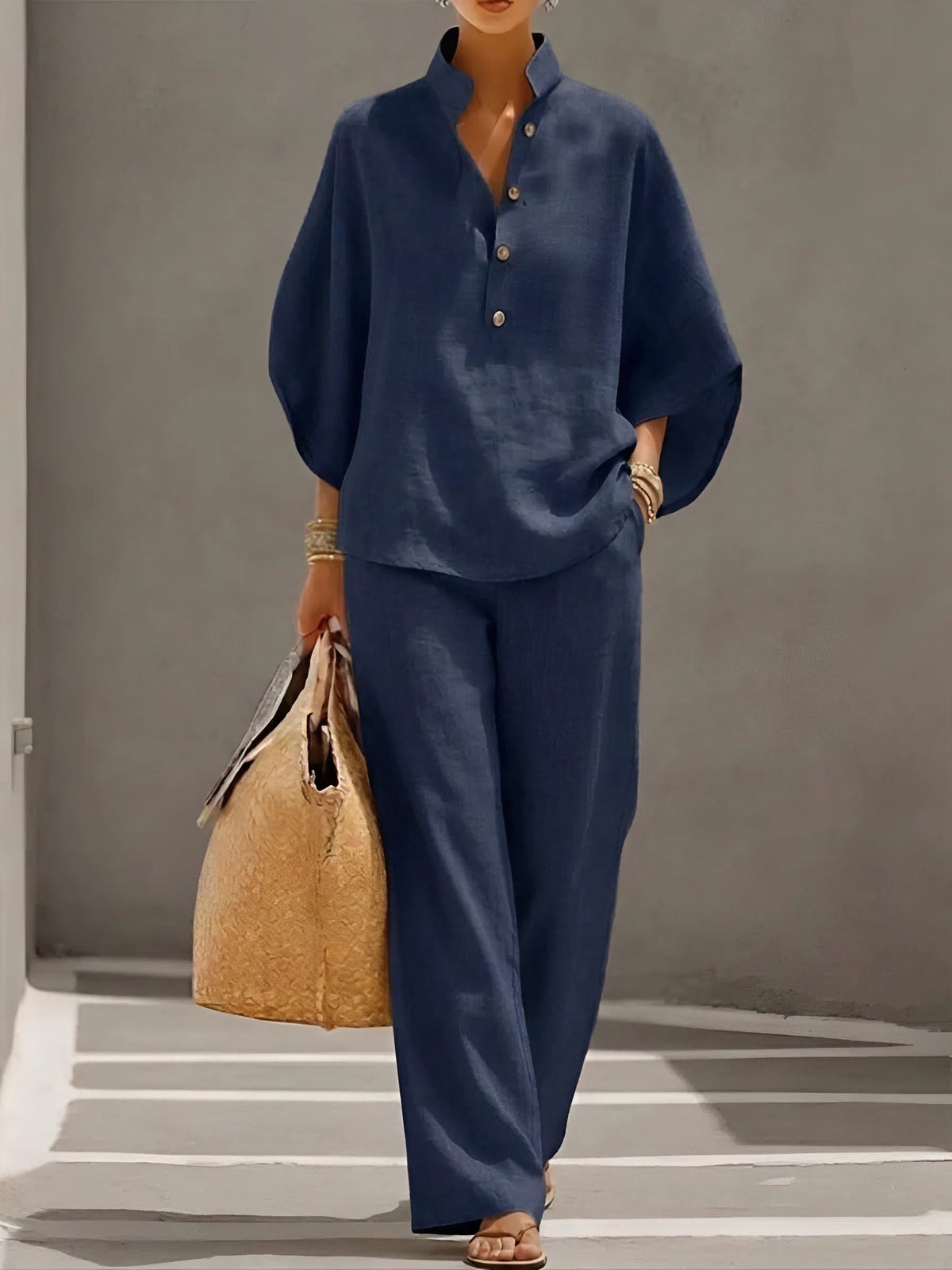 Women's Two-Piece Set Collared Blouse with Wide-Leg Trousers