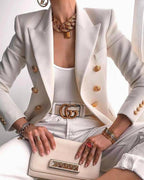 Tailored double breasted gold button blazer in white