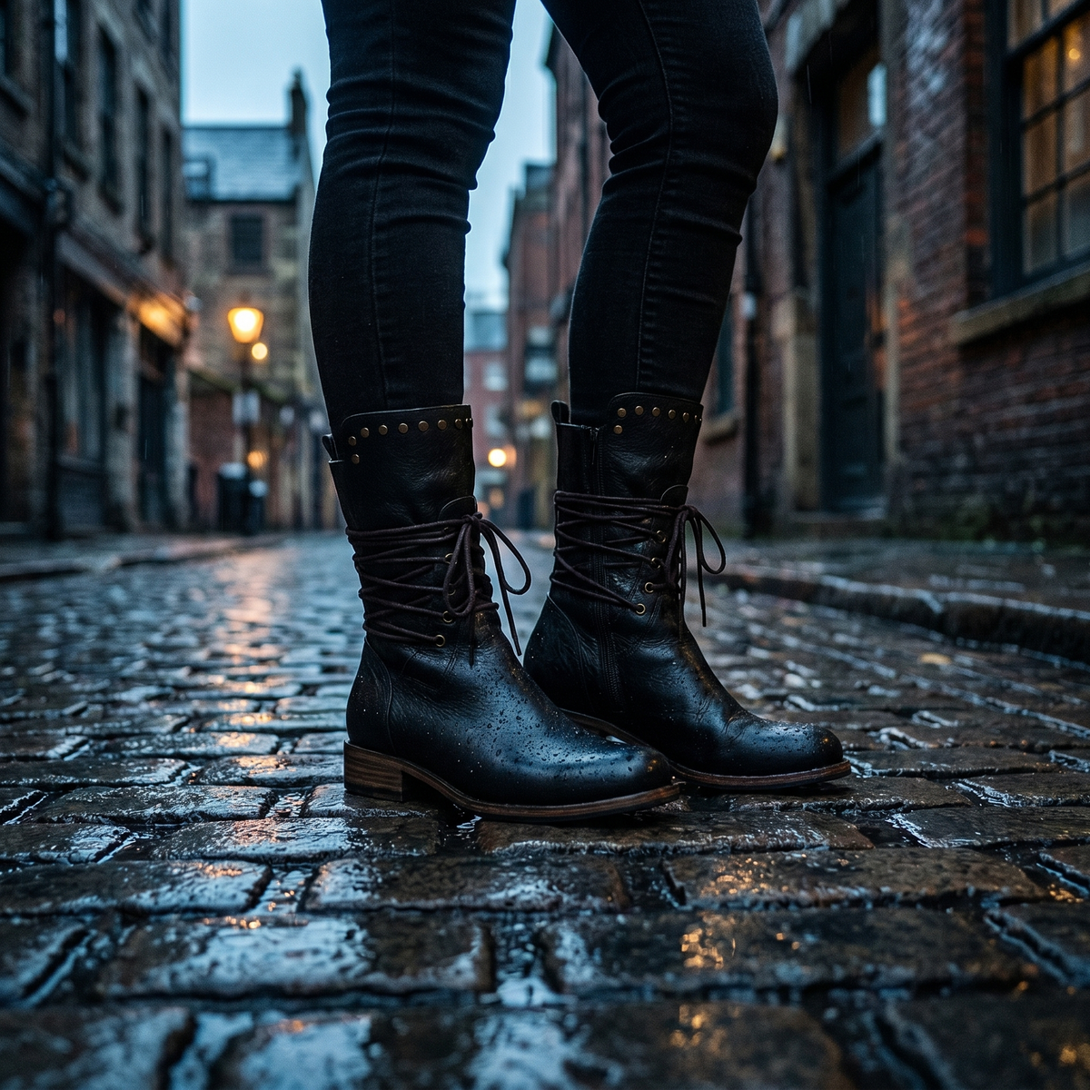 Studded lace-up mid-calf leather boots with block heel
