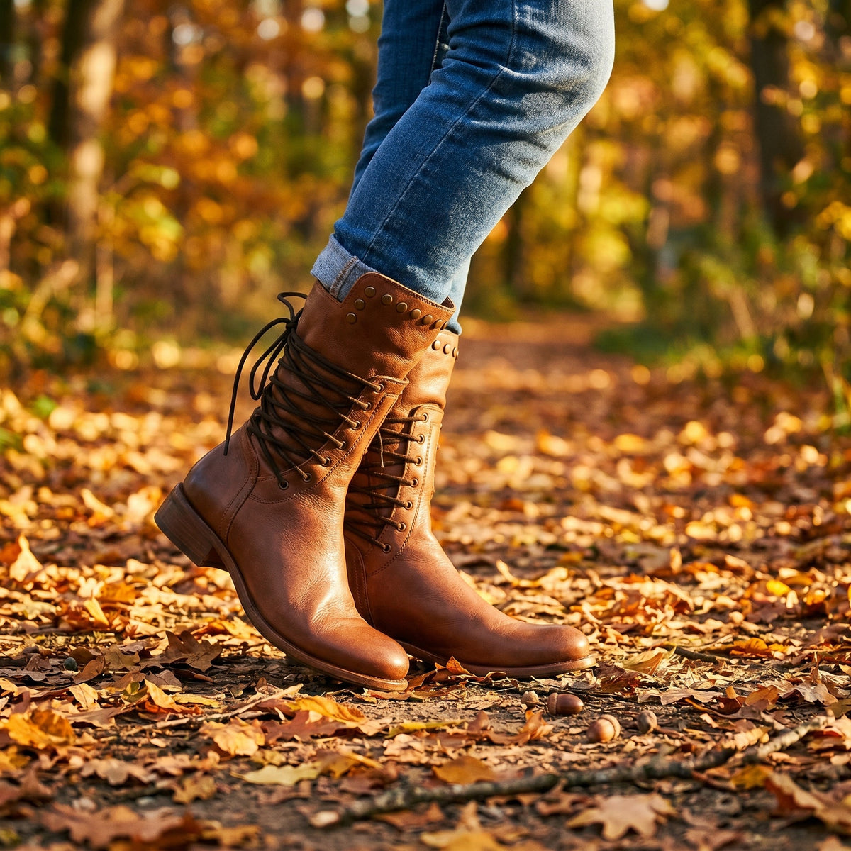 Studded lace-up mid-calf leather boots with block heel