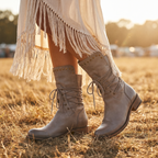 Studded lace-up mid-calf leather boots with block heel