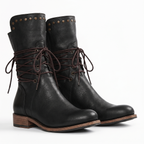 Studded lace-up mid-calf leather boots with block heel