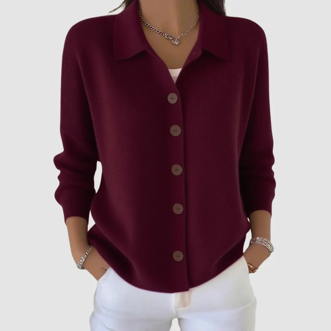 Women's casual long sleeve collared button down cardigan in wine red