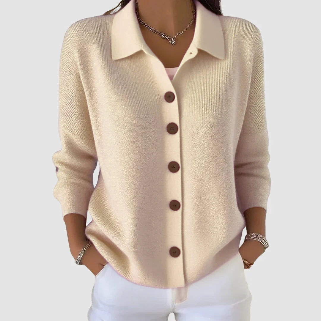 Women's casual long sleeve collared button down cardigan in apricot