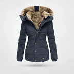 Women's hooded puffer jacket with fur trim and fleece lining in blue