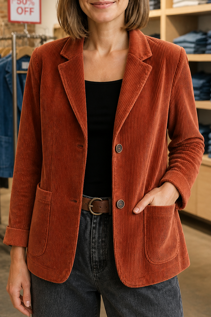 Corduroy notch lapel blazer with patch pockets in rust