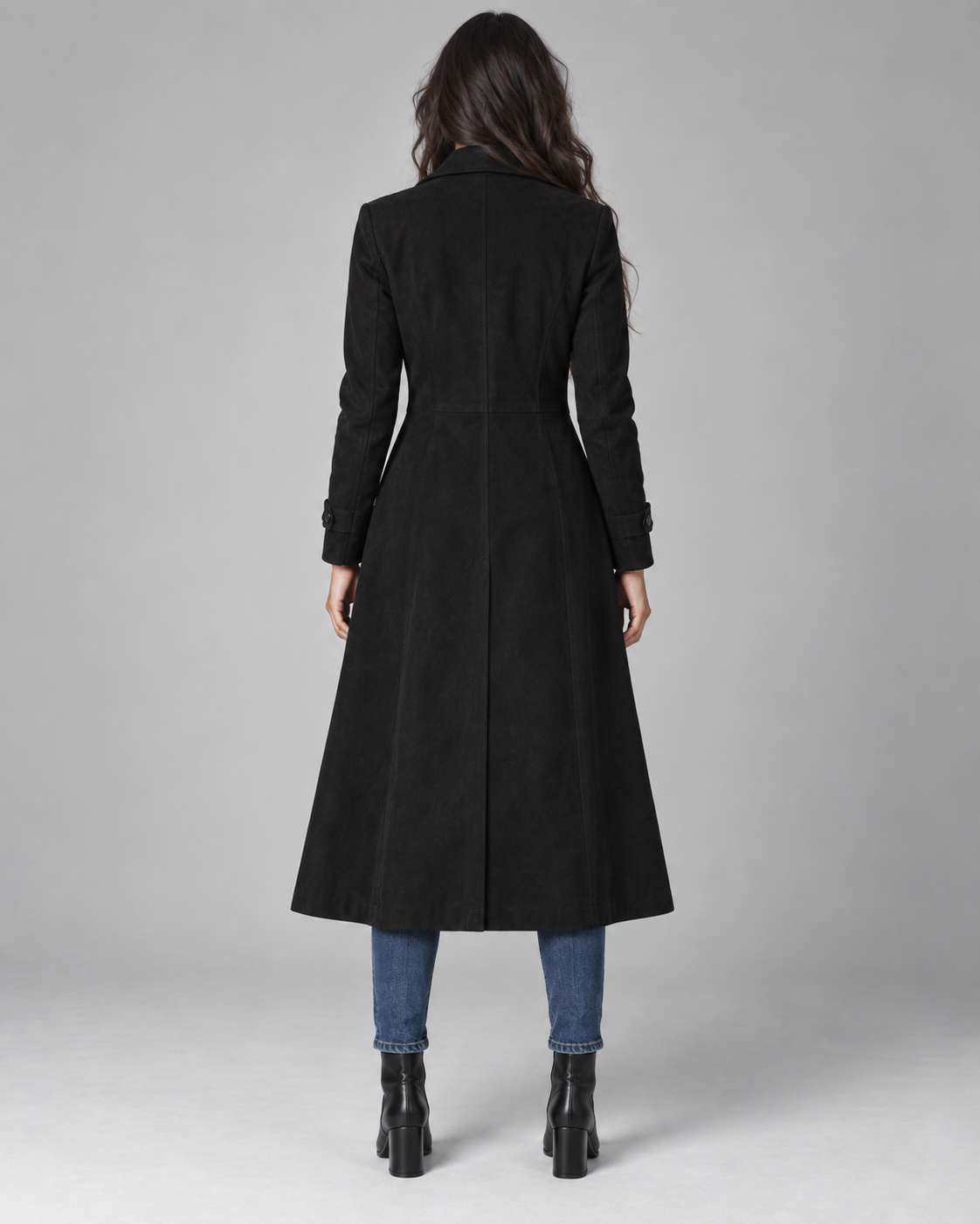 Long faux suede a-line coat with notch lapel