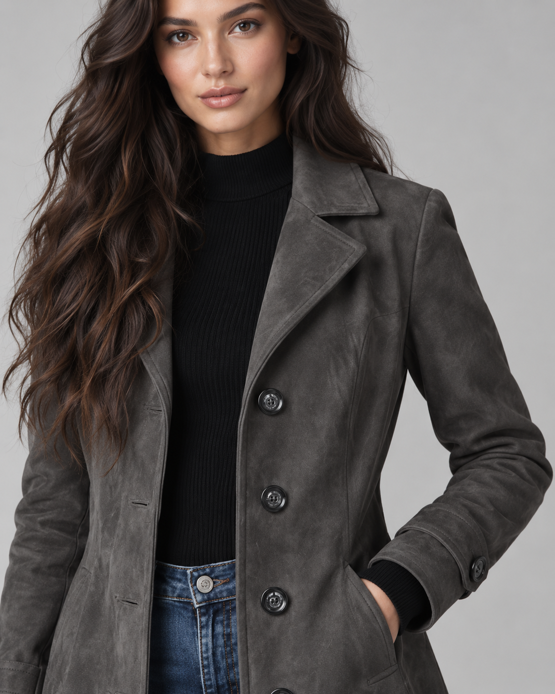 Long faux suede a-line coat with notch lapel