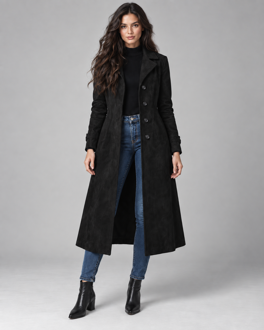 Long faux suede a-line coat with notch lapel in black