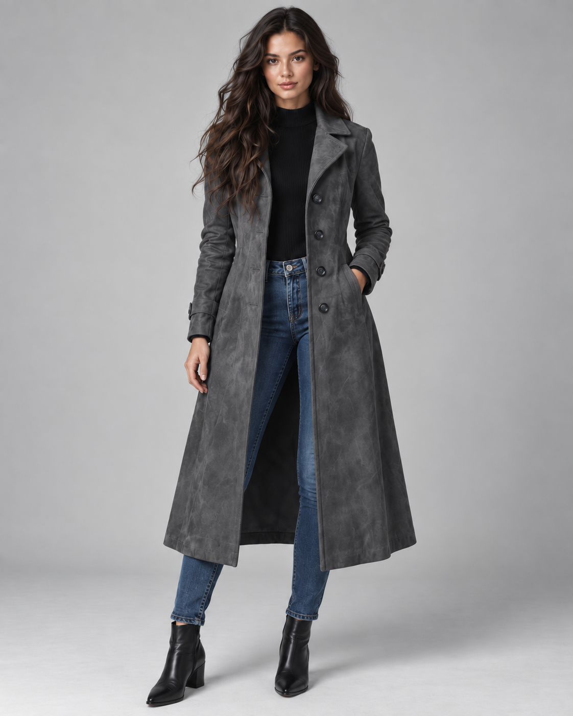 Long faux suede a-line coat with notch lapel in grey